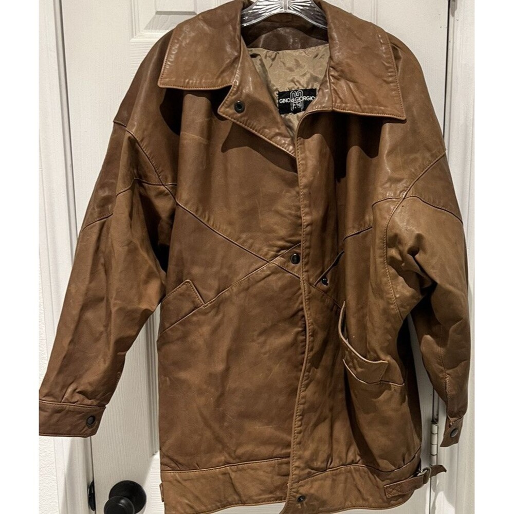 Gino Di Giorgio Brown Leather Jacket Button Front Multiple Pockets SizeM Vintage